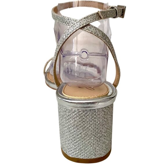 Jewel Badgley Mischka Silver Glitter Ankle Strap Block Heel Sandals 7.5 Dressy - Picture 5 of 8